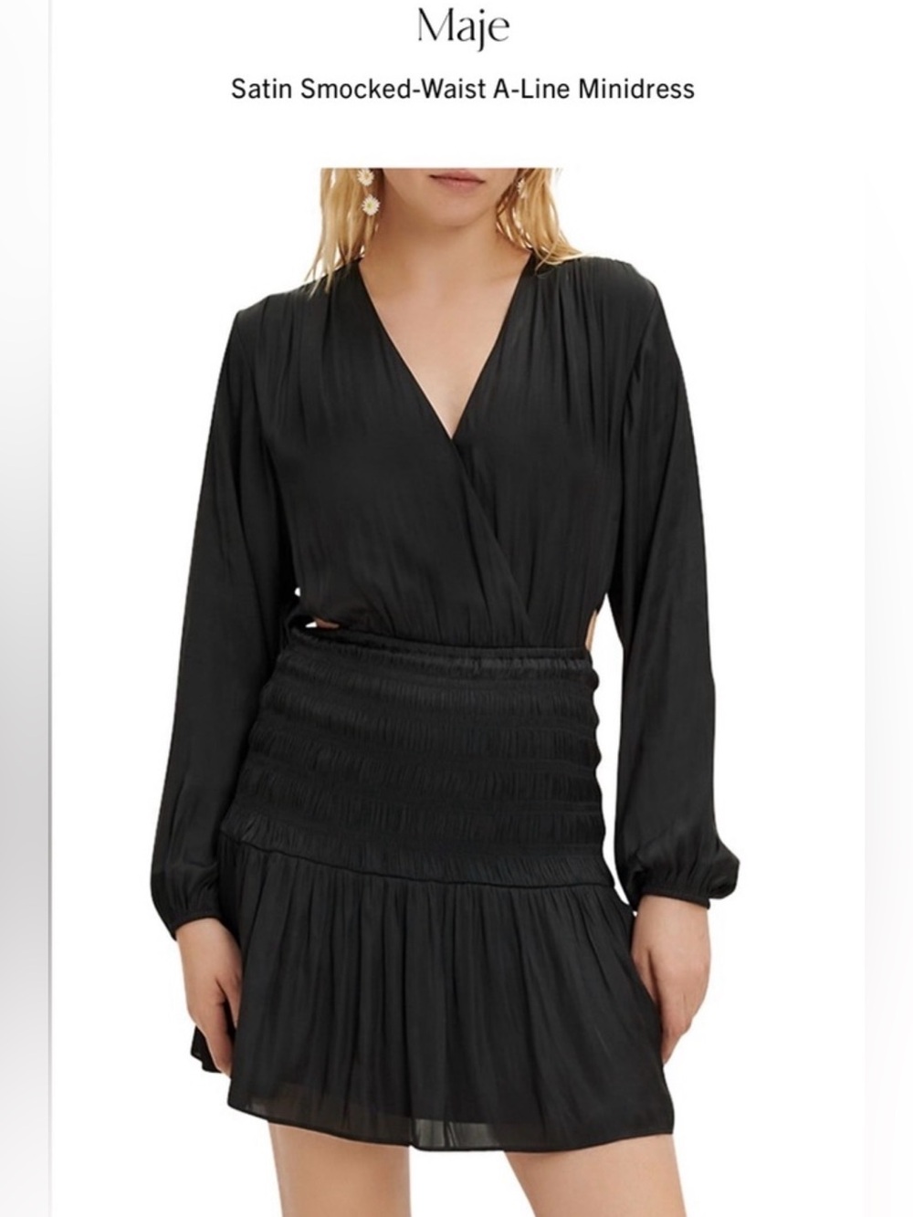 Maje Rovely Shirred Satin Smocked-Waist Mini Dress